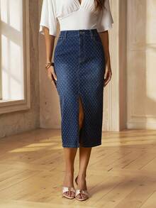 SHEIN Frenchy Women's Casual Versatile Denim Skirt With Pocket, Button And Slit Design For Daily Wear Dates Light Blue Autumn - Dark Wash - View 3