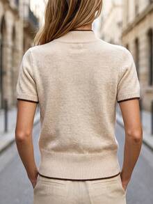 SHEIN Atasan Rajut Kasual Longgar Lengan Pendek Kerah Semi Tinggi dengan Desain Trim Kontras, Warna Aprikot, Atasan Rajut Wanita Musim Semi/Panas - Aprikot - View 3