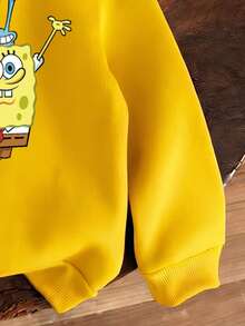 SpongeBob SquarePants | SHEIN GraphicGems 女童春/秋款連帽衛衣，亮黃色可愛卡通印花 - 黃色 - 查看 3