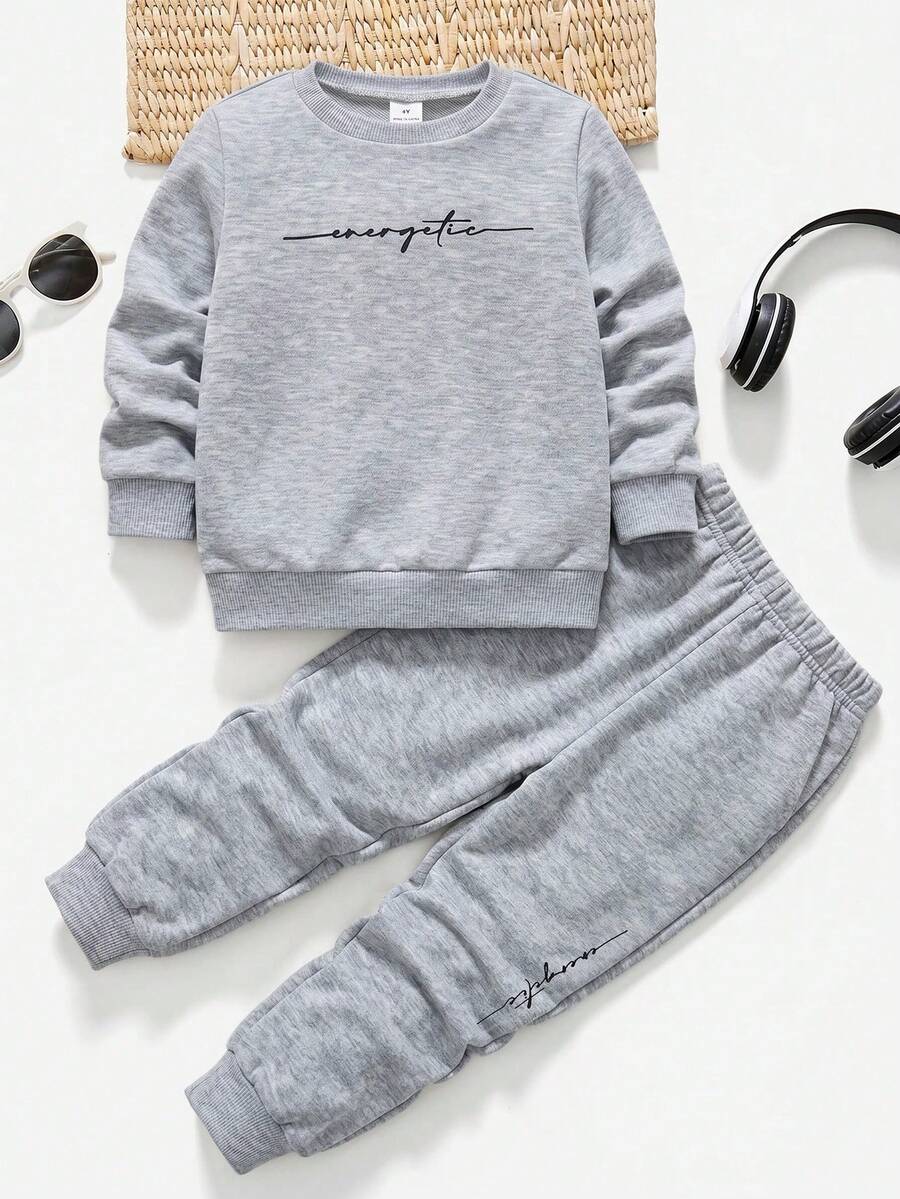 SHEIN Young Boy Loose Casual Simple Comfortable Crew Neck Pullover Letter Print Jogger Pants Set - Light Grey - View 1