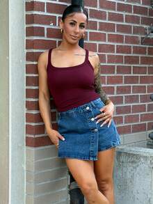 SAYEHFBABY Women's Summer Casual Front Button Wrap Denim Skorts - Dark Wash - View 1