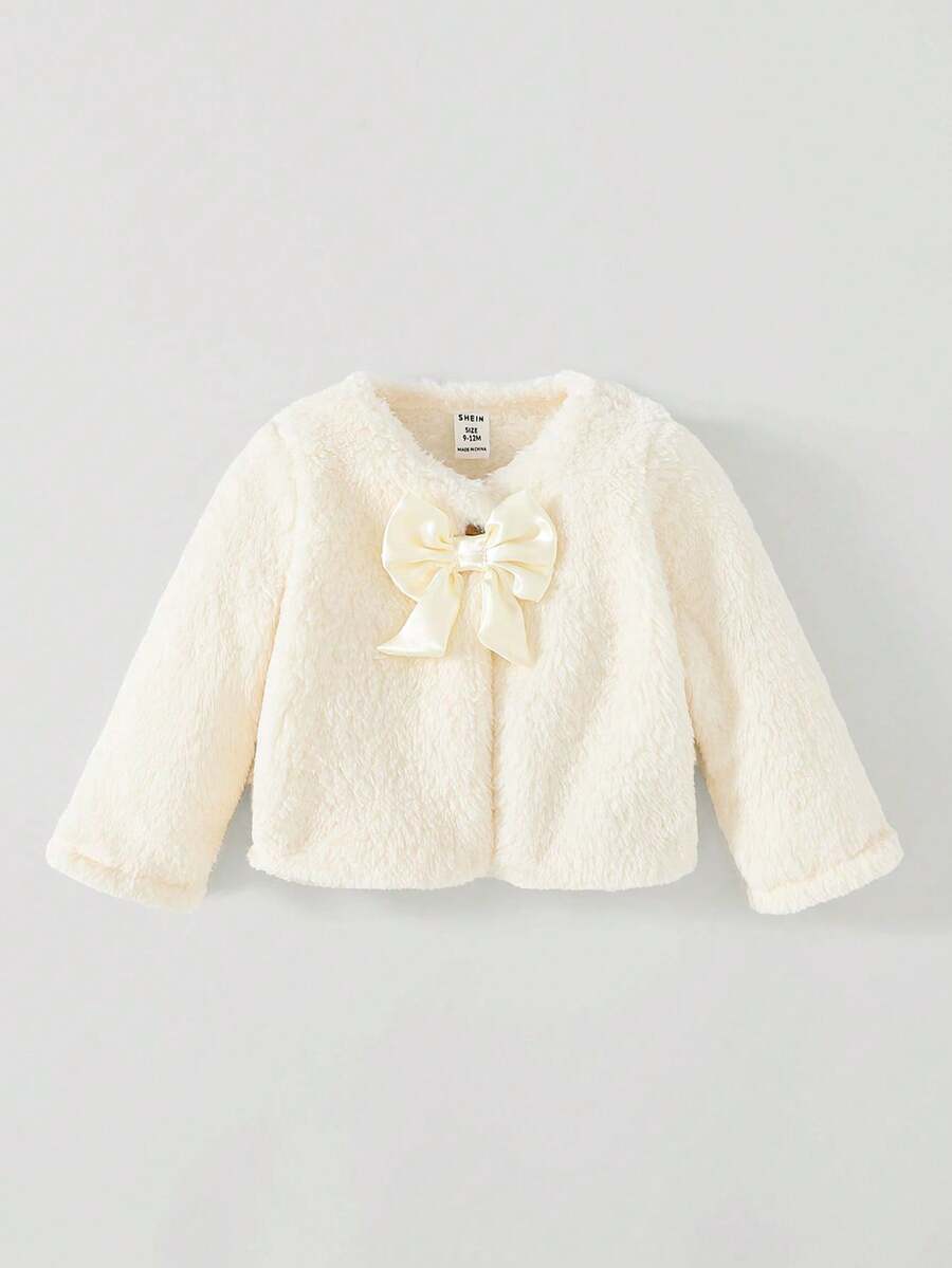 SHEIN Elladie kids 女婴温暖毛绒蝴蝶结装饰夹克,适合外出和日常穿着,秋冬季 - 米色 - 查看 1