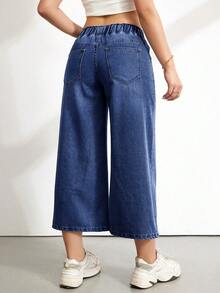 SHEIN Tall Tall Women's Waist Tie Pocket Wide Leg Loose Cropped Navy Blue Jeans Travel Summer Casual - Dark Wash - View 3