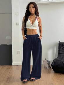 SHEIN Coolane Petite Women's Petite Summer Going Out Streetwear Vintage Casual Vacation Outfits Sport Cotton Comfortable - Navy Blue - View 6