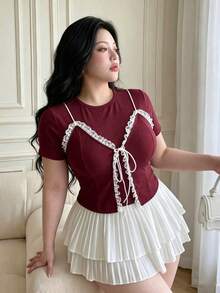 Vibekara Kaos Patchwork Renda Seksi Minimalis Ukuran Plus 2 in 1 - Burgundy - View 3