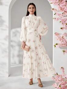 Modelyn 女款婚禮茶會收腰百褶洋裝，洗禮與入籍儀式適用，新娘母親穿著，粉色花卉秋季休閒優雅風 - 白色 - 查看 4