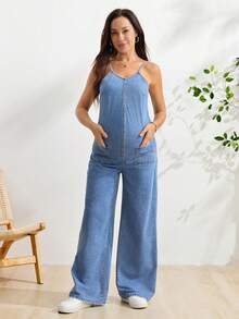 SHEIN 孕婦休閒日常牛仔連身褲 - 中等水洗藍 - 查看 3