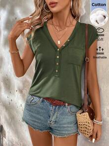 SHEIN LUNE Women's Casual Summer Vacation Commute Daily Basic Fashion Outing Outfit Short Sleeve V-Neck T-Shirt - Green - View 4