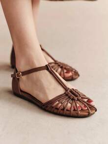 Rosivie Sandal Kasual Datar Gaya Bohemian Wanita dengan Desain Gesper, Sepatu Musim Panas - pita coklat - View 4