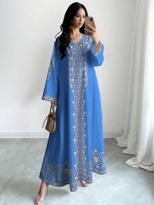 SHEIN Najma 花卉植物印花深紅色女款時尚V領長袖洋裝，優雅阿拉伯風春夏季長版大碼洋裝 - 彩色 - 查看 3