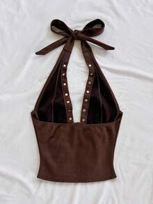 Soleia (No Chest Padding)Plus Size Women's Brown Suede V-Neck Camisole,Summer Western Night Holiday Backless Tie-Up Top For Vacation. - Brown - View 2