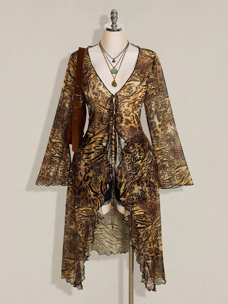 SHEIN ICON 女款大尺碼豹紋與斑馬紋印花前綁帶喇叭袖上衣 - 彩色 - 查看 1