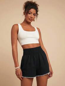 Travachic Elegant Boho Casual Minimalist Contrast Trim High Waist Shorts Beach Black And White Striped Summer - Black - View 6