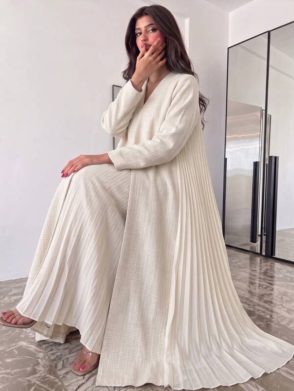 Yasmyna Women's Woven Textured Long Sleeve Pleated Elegant Romantic Abaya