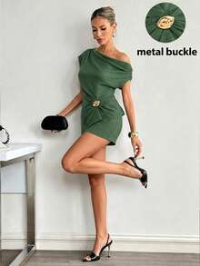 Siren Gaze Women's Summer New Asymmetrical Shoulder Pleated Metal Decor Asymmetric Hem Top And Shorts Set Going Out Party Army Green Elegant Sexy - Green - View 8