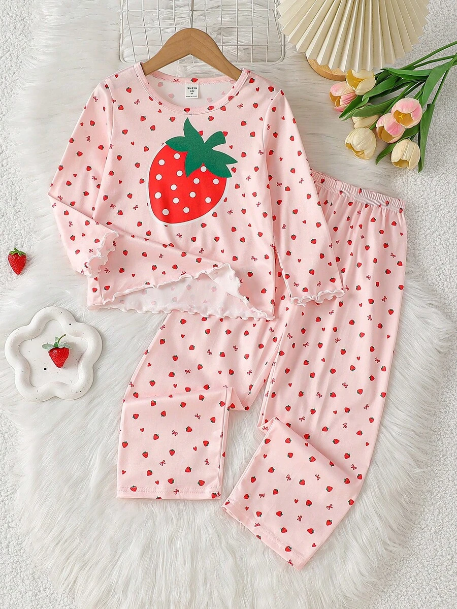 SHEIN Genkimix Kids 女童草莓印花長袖上衣與長褲套裝居家服 - 珊瑚粉 - 查看 1