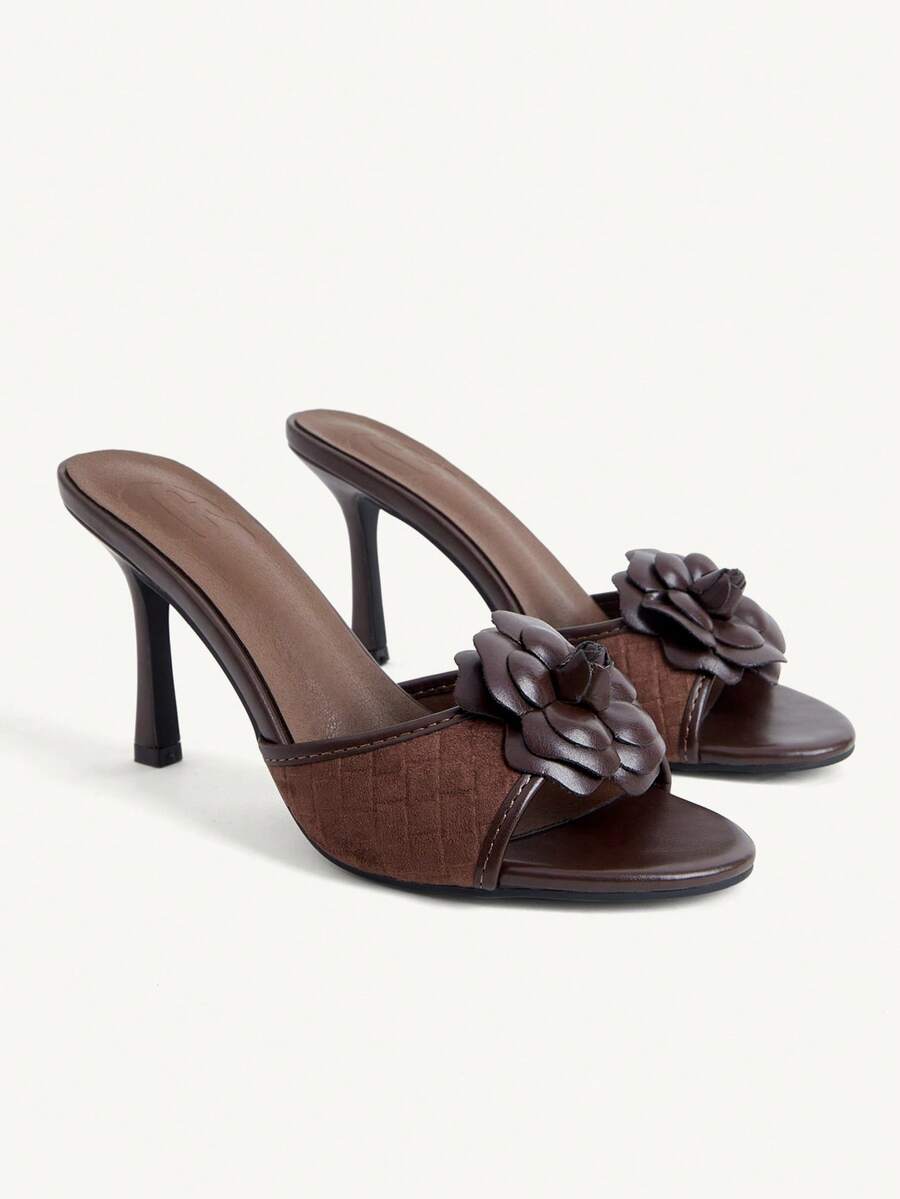 CUCCOO CHICEST French Fashion Elegant Commuter Round Toe Floral Stiletto High Heel Sandals - Chocolate Brown - View 1