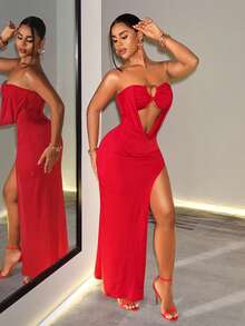 BamGleam Women's Solid Color Hollow Cutout Design Sexy Party Strapless Dress - Red - View 7