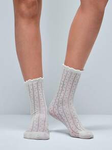 Softvol 1 Pair Polka Dot Ruffle Trim Ankle Socks - Japanese Lace Edge Mid-Calf Socks, Create Versatile School Girl Style - White - View 4