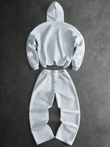 PAVTROS 男士街頭風熱銷 3D 毛巾刺繡字母連帽衛衣套裝，日常穿著，男友/丈夫禮物，週年紀念禮物 - 淺灰色 - 查看 3