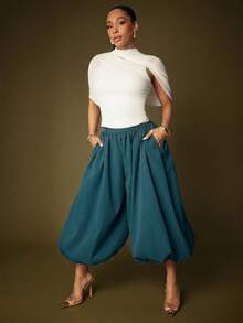 Vixey Woven High Waist Balloon Pants, Desk To Dinner, Work To Weekend, Office Chic, Versatile, Comfortable Chic, Everyday Elegance - Teal Blue - View 4