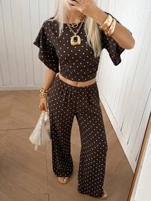 SHEIN EZwear 女款棕色與白色波點印花百褶上衣與寬鬆長褲套裝，適合度假、夏季休閒度假 - 咖啡棕 - 查看 6
