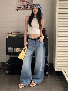 DAZY Atasan Jeans Kasual Gaya Korea Longgar Berhiaskan Rhinestone untuk Wanita - Biru - View 7
