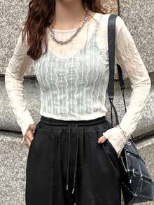 FRIFUL Top ajustado de manga larga con cuello redondo y transparencia de unicolor para mujer - Albaricoque - Ver 5