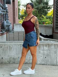 SAYEHFBABY Women's Summer Casual Front Button Wrap Denim Skorts - Dark Wash - View 3
