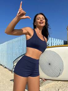 Swim SPRTY Setelan Baju Renang Dua Potong Bikini dan Celana Dalam Hipster Warna Polos untuk Wanita di Pantai Musim Panas - Navy Blue - View 4