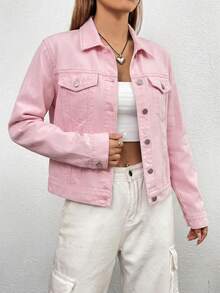 SHEIN EZwear 女款單排扣休閒百搭日常穿著長袖牛仔外套 - 粉色 - 查看 5