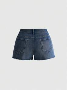 ROMWE Grunge Punk Plus Size Women's Vintage New Chinese Style Embroidered Frayed Denim Shorts - Blue - View 2