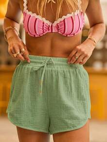 Aralina Beach Drawstring Rope Detail High Waist Summer Vacation Cover Up Shorts - Green - View 7