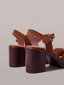 Styleloop Back Strap Thick Heel Sandals Women, Round Toe High Heels, Retro Versatile Commuter Toe Guards Women's Shoes - Brown - View 5