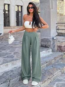 EURMUSE Casual Versatile Solid Color Wide Leg Pants - Mint Green - View 7