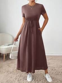 SHEIN Essnce 1 件女士纯色系带连衣裙，简约时尚休闲日常穿着 - 紫紅色 - 查看 6
