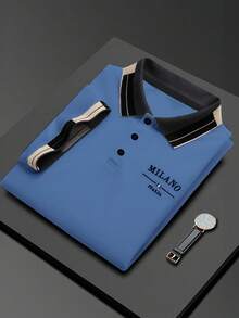 Calvornis 男士珠飾刺繡羅紋領短袖休閒 Polo 衫 - 藍色 - 查看 2