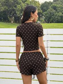SHEIN EZwear 女款圓領短袖波點上衣與短褲休閒日常套裝 - 咖啡棕 - 查看 2