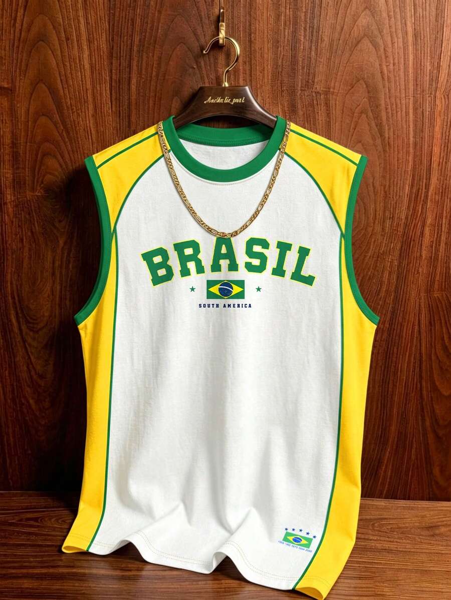 Manfinity Campus Court 復西足球背心,美國 BRASIL #10 印花上衣,圖案 T 恤,男士時尚休閒運動球衣,足球,足球用品,假期 - 彩色 - 查看 1