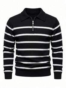 Calmiston Men's Black And White Striped Pullover Sweater,Funnel Neck Half-Zip Long Sleeve Knitted Polo,Autumn Smart Casual School Back-To-School Striped Clothes - Black - View 2