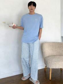 DAZY Men's Summer Letter Print T-Shirt And Plaid Pants Pajama Set - Baby Blue - View 4