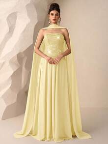 Coutiva Elegant Evening Gown, Long Sleeve Sequin Glitter Slim Fit Dress For Formal Party - Light Yellow - View 4