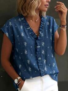 SHEIN Blue Short Sleeve Floral Print Women Top, Ruffle Neck Paneling Casual Shirt For Summer Outdoor Holiday Vacation Outfits - Blue - View 5