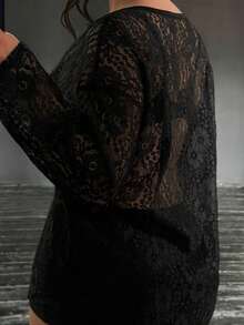 Dazy Plus Solid Color Large Scoop Neck Half-Button Long Sleeve T-Shirt Spring Summer - Black - View 7