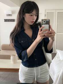 DAZY Women's Turn-Down Collar Washed Elegant Korean Style Casual Denim Top Fall - Blue - View 8