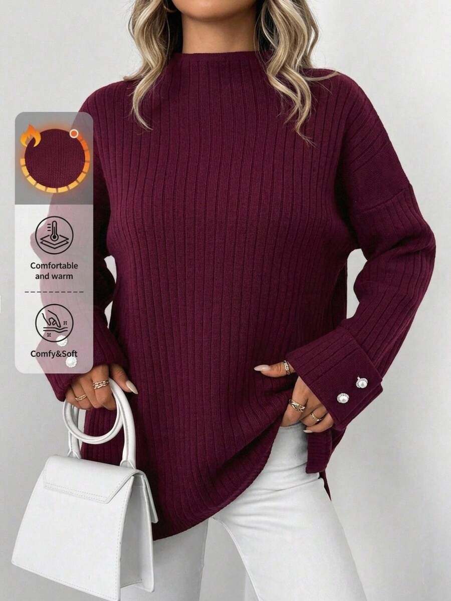 SHEIN Rib-Knit Mock Neck Sweater With Faux Pearl Cuff Buttons - عنابي اللون - مشاهدة 1