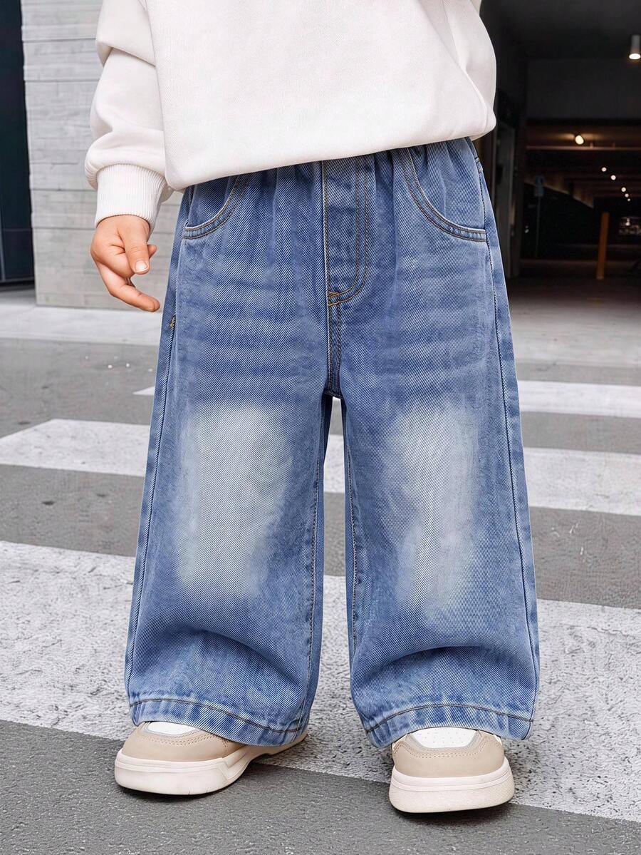 SHEIN 嬰兒男孩女孩夏季秋季休閒寬腿牛仔喇叭褲校服褲 - 彩色 - 查看 1