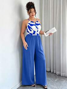 SHEIN LUNE Women's Plus Size Spring/Summer Elegant Wrap Tie Striped Colorblock Loose Straight Leg Jumpsuit - Multicolor - View 3