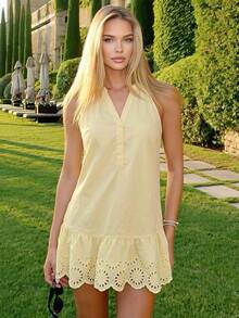 Coeurva Women's Pale Yellow Sweet French Style Button Half-Placket Lace Patchwork A Hem Dress, Elegant Boho Holiday Beach Brunch Vacation Outfits, Summer - Yellow - View 2