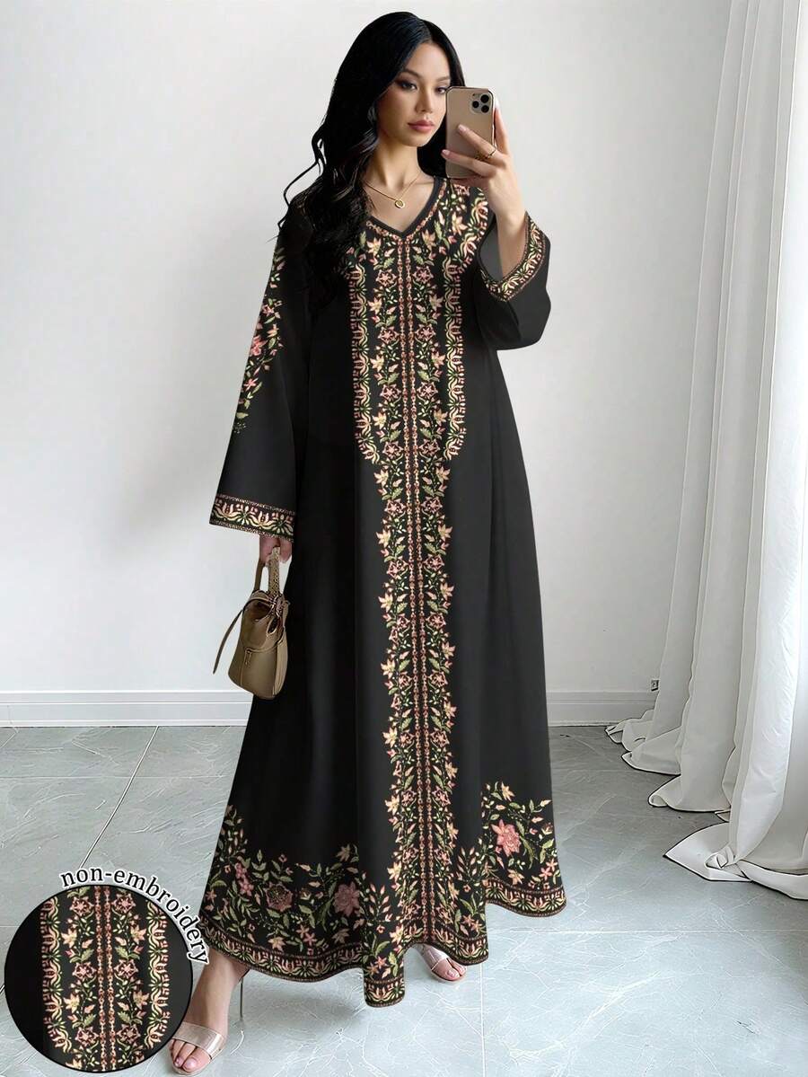 SHEIN Najma 女士花卉植物数码印花V领长袖优雅阿拉伯风格长款连衣裙,加大码 - 彩色 - 查看 1